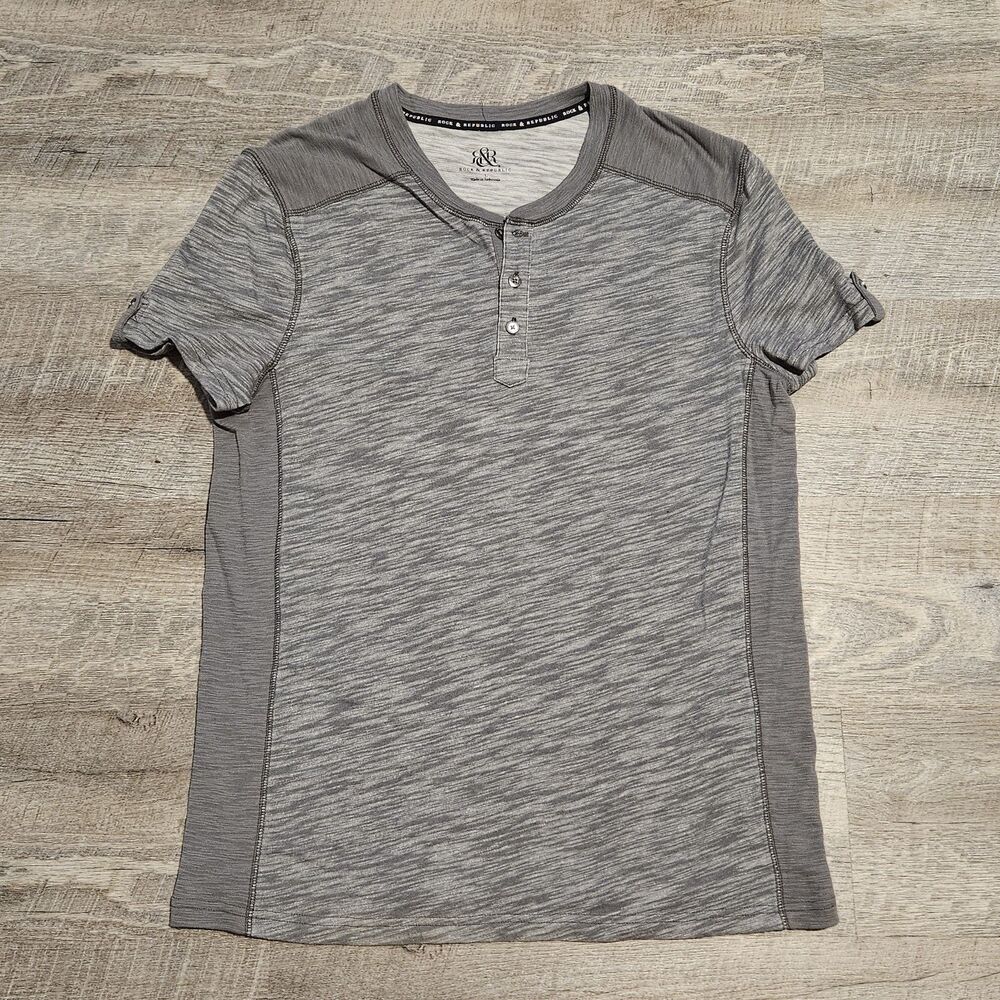 Rock & Republic Men's Short Sleeve Gray 3 Button Henley Shirt Size Large Casual